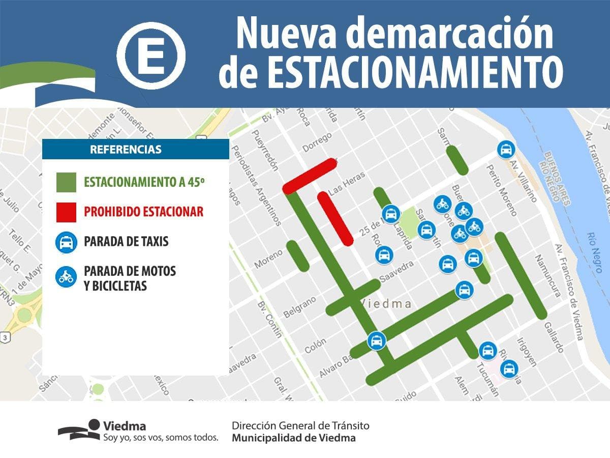 Habrá mas calles en Viedma donde se estacionará a 45 grados en retroceso