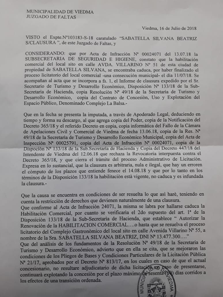 La resolución de Bollero a favor de Sal y Fuego será llevada a la Justicia por la Municipalidad
