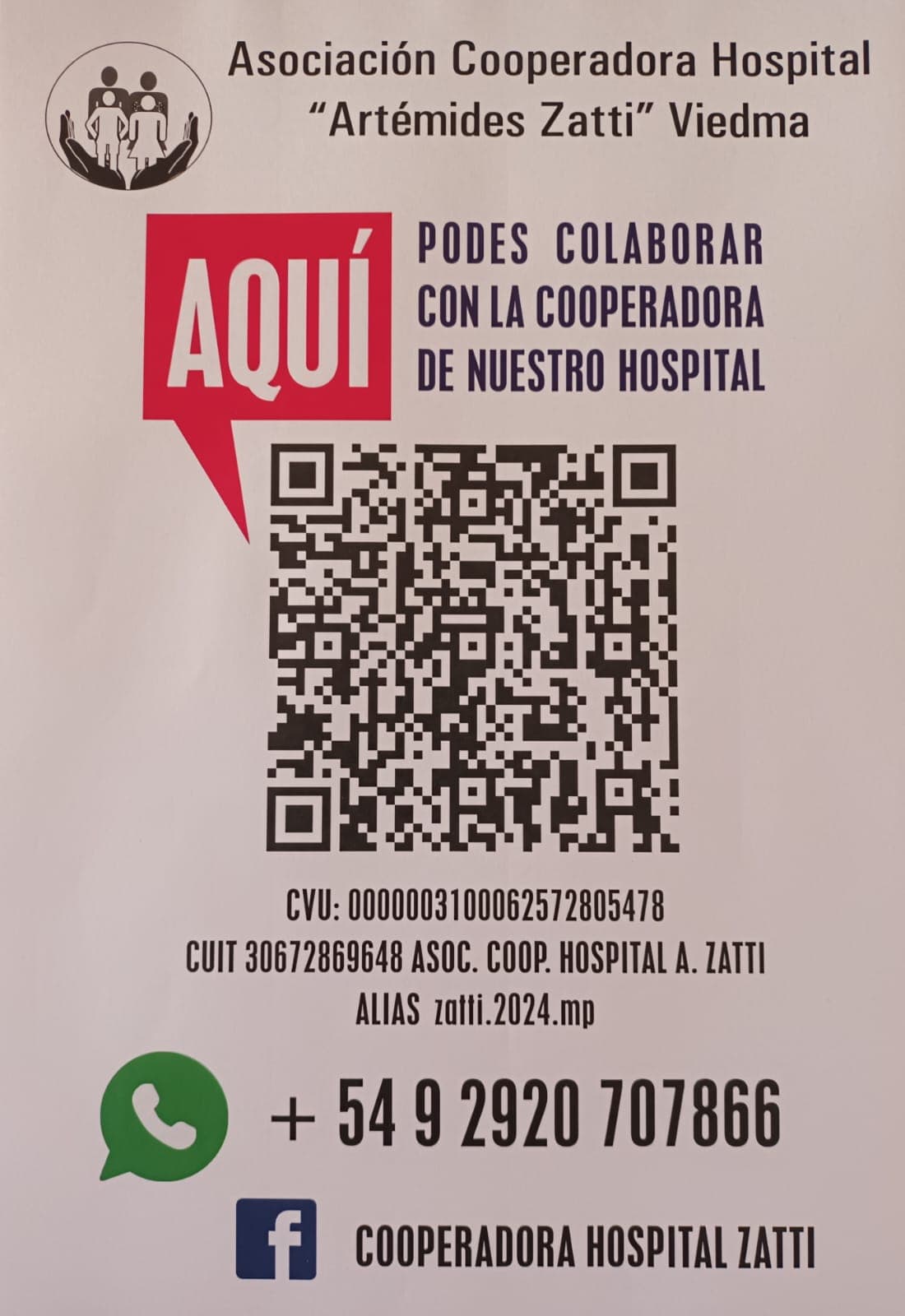 Para colaborar la Cooperadora del Hospital Zatti abrió una opción a través de un código QR