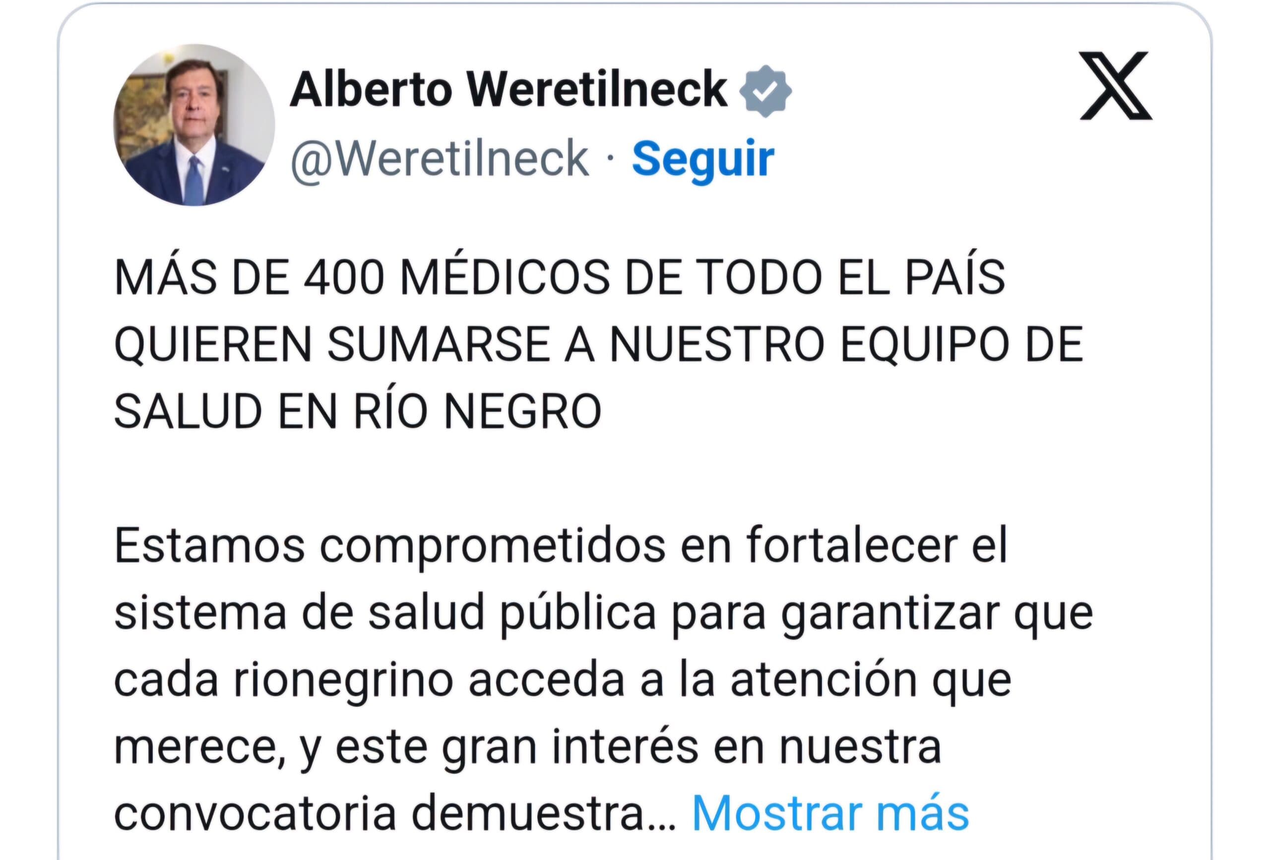El Ministerio de Salud de Río Negro recibió más de 400 solicitudes de médicos, aseguró Weretilneck