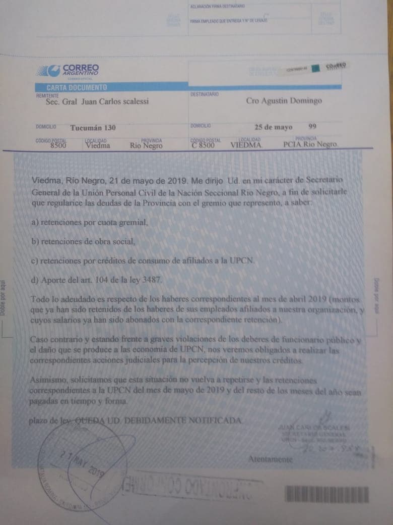 Scalesi le envió una carta documento al ministro de Economía por atrasos en los despositos gremiales
