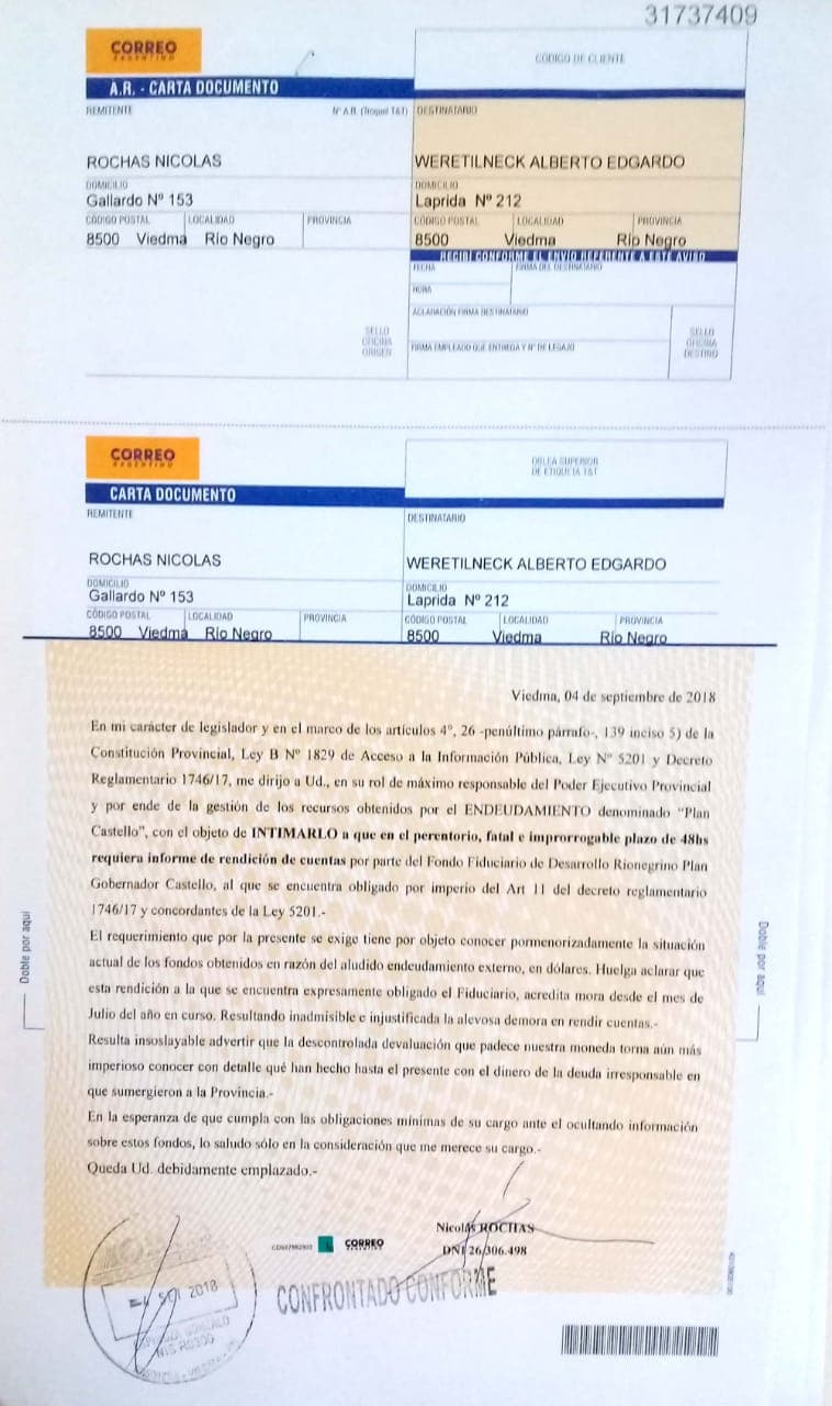 Rochas le pide al Gobernador que de explicaciones sobre la utilización de los fondos del Plan Castello